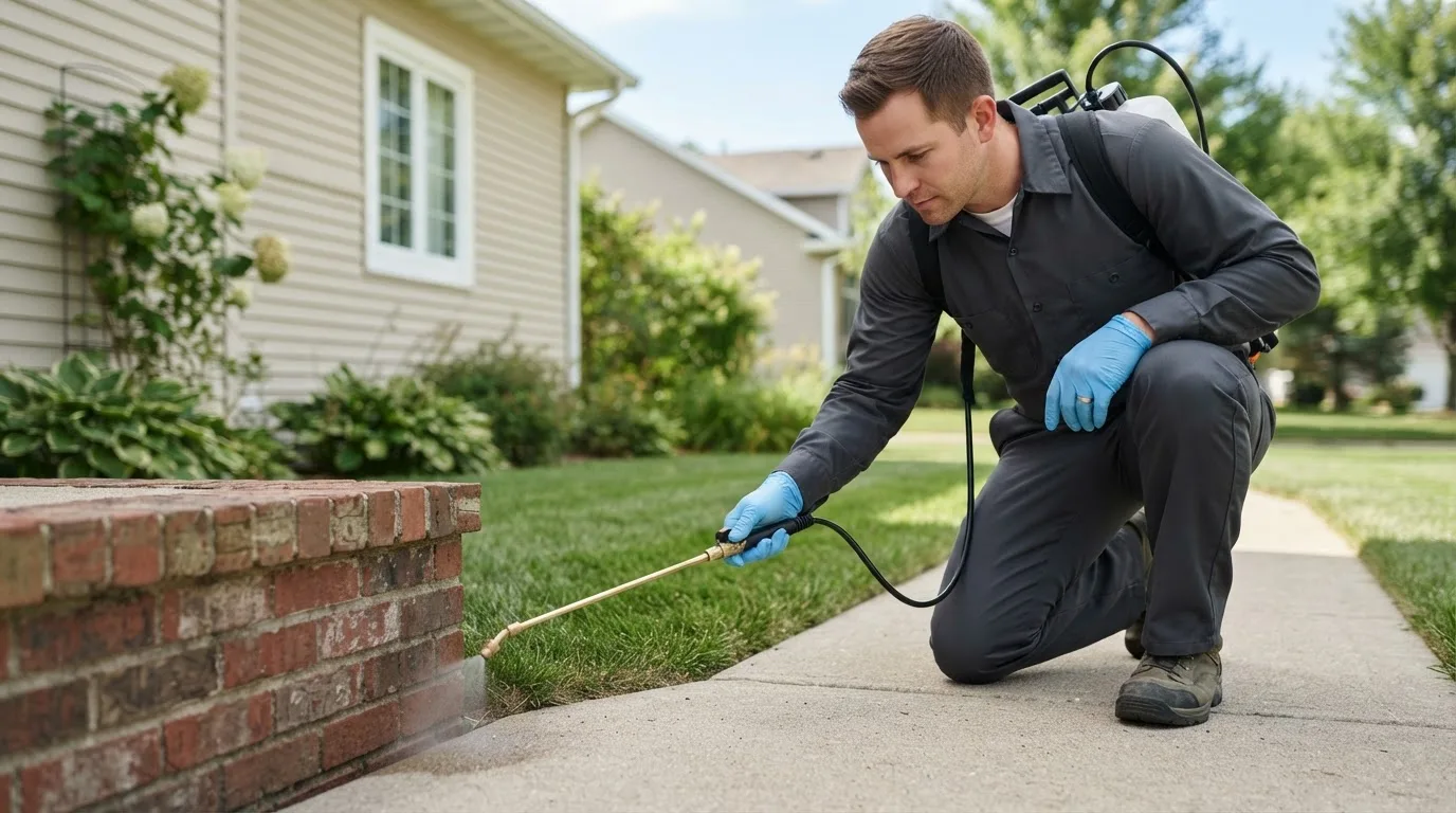 Pest control technician treating a home near Tignall, GA